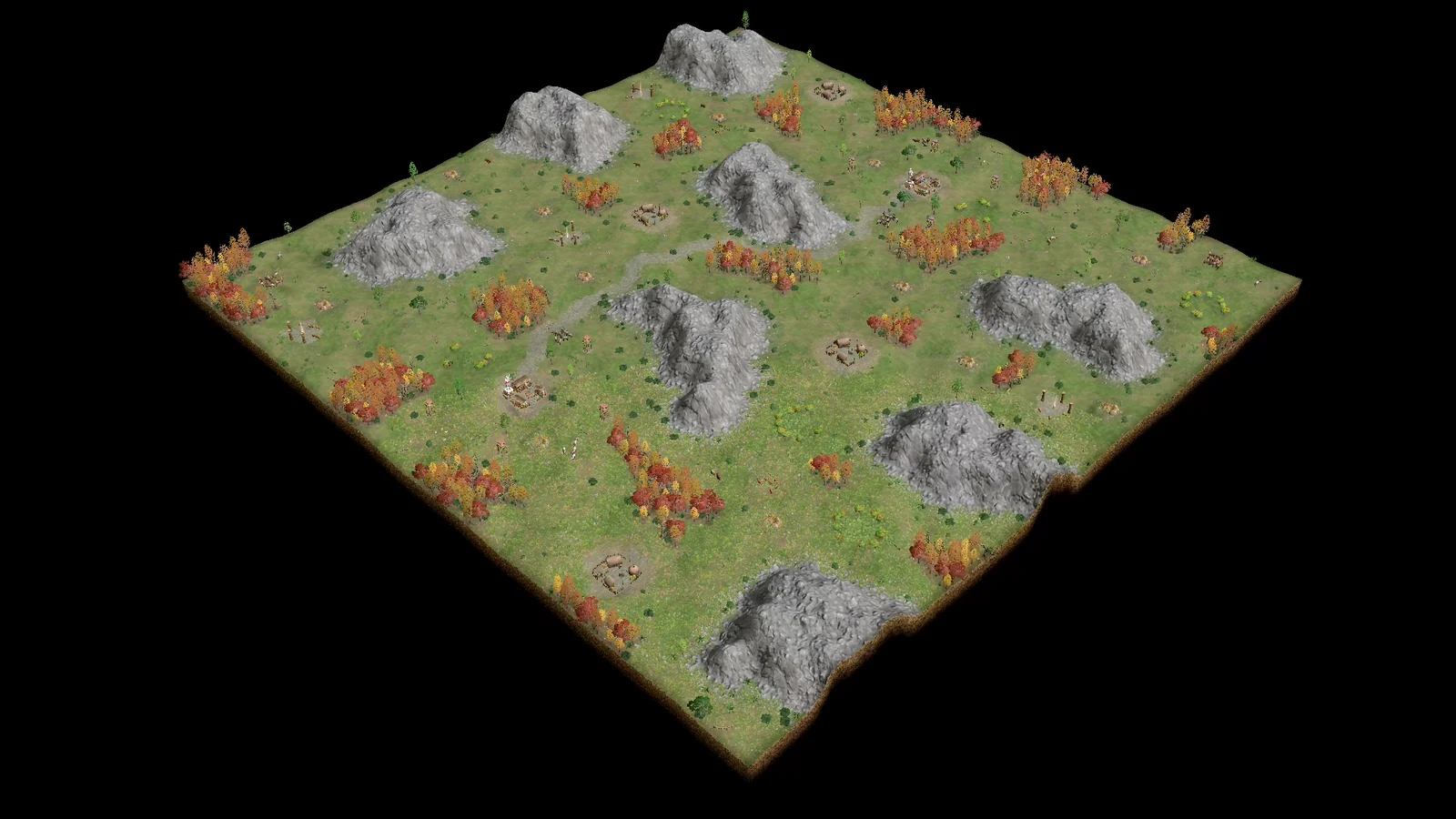 Analytical overhead view of stock Alfheim showing two opposing bases on autumn grassland divided by eight high rocky cliffs, with forests and resources spread through the open passes.