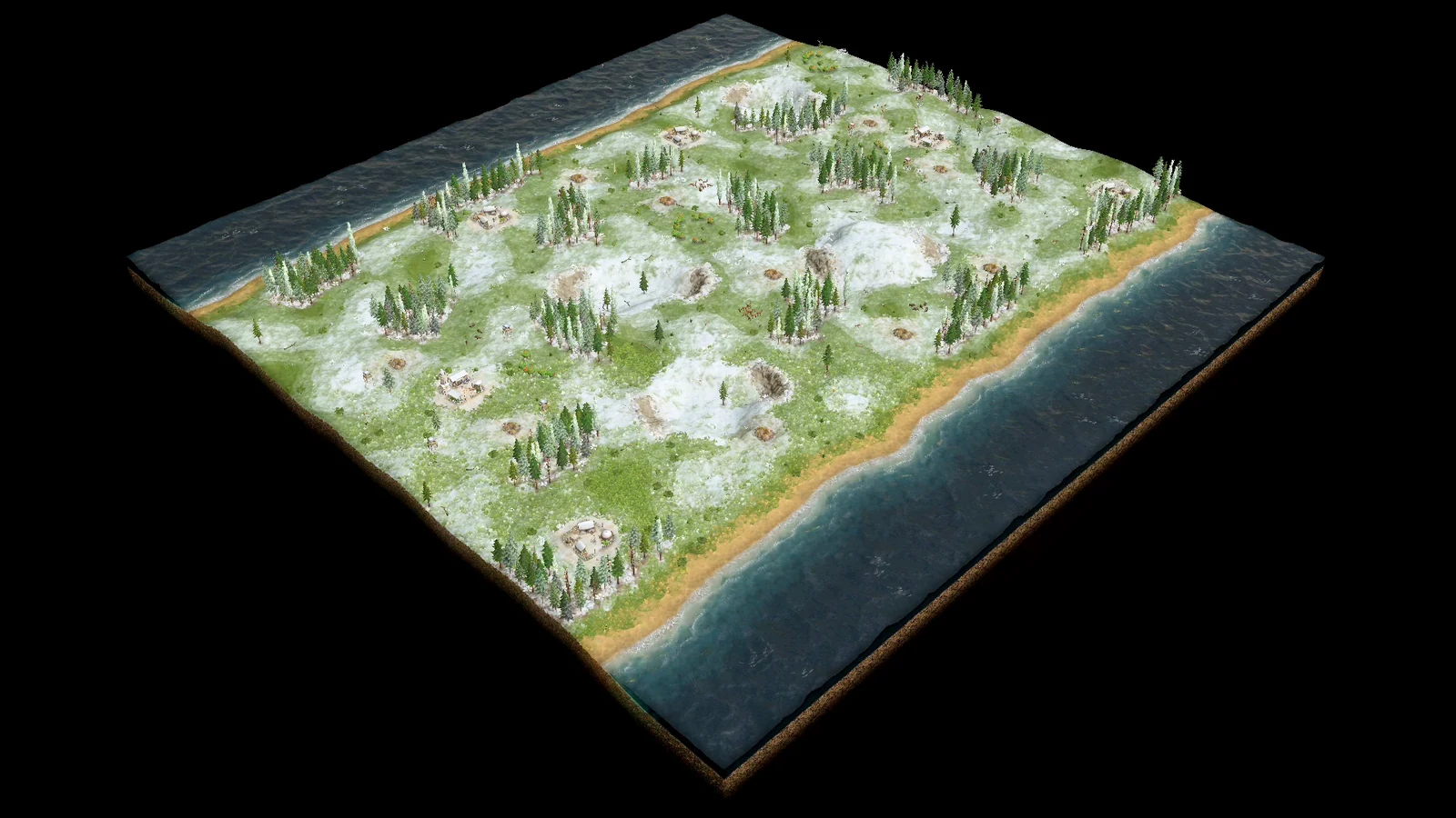 Analytical overhead view of stock Anatolia showing two opposing bases on a cold open interior, long navigable sea bands along two opposite edges, pine forests, expansion settlements, gold mines, and scattered raised and sunken cliffs.