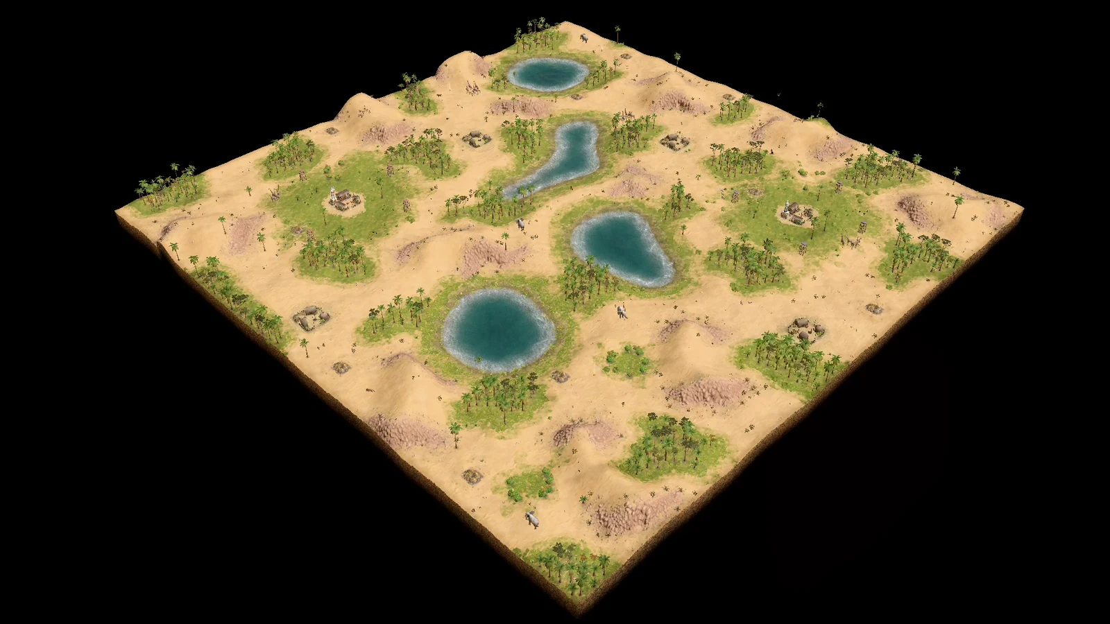Analytical overhead view of stock Blue Lagoon showing two opposing green player bases amid sandy desert, several blue inland lagoons, elevated cliff areas, palm forests, and distributed resources.