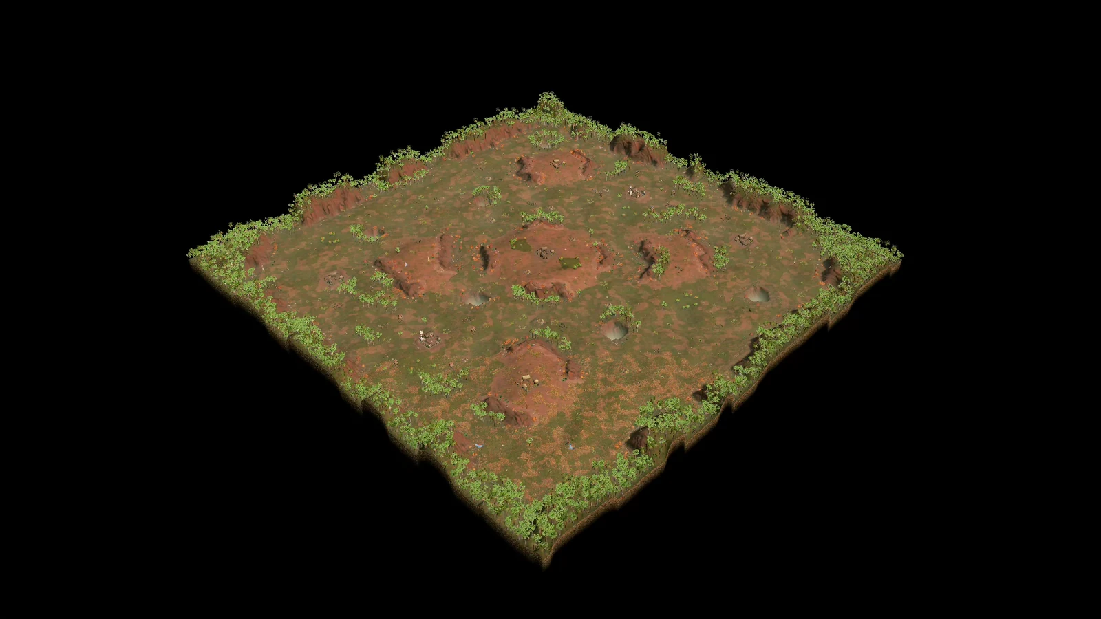 Analytical overhead view of stock Cloud Forest showing opposing bases, broken rocky ridges across the interior, passable corridors, and dense forest around much of the map edge.