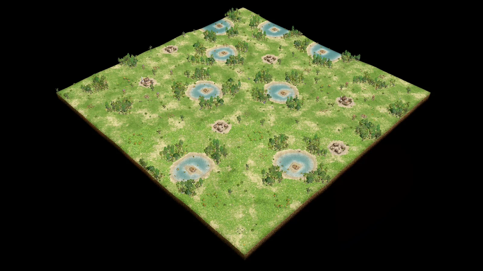 Analytical overhead view of stock Elysium showing two opposing player bases across open lush grassland and eight shallow gold ponds, each surrounded by small olive forests.
