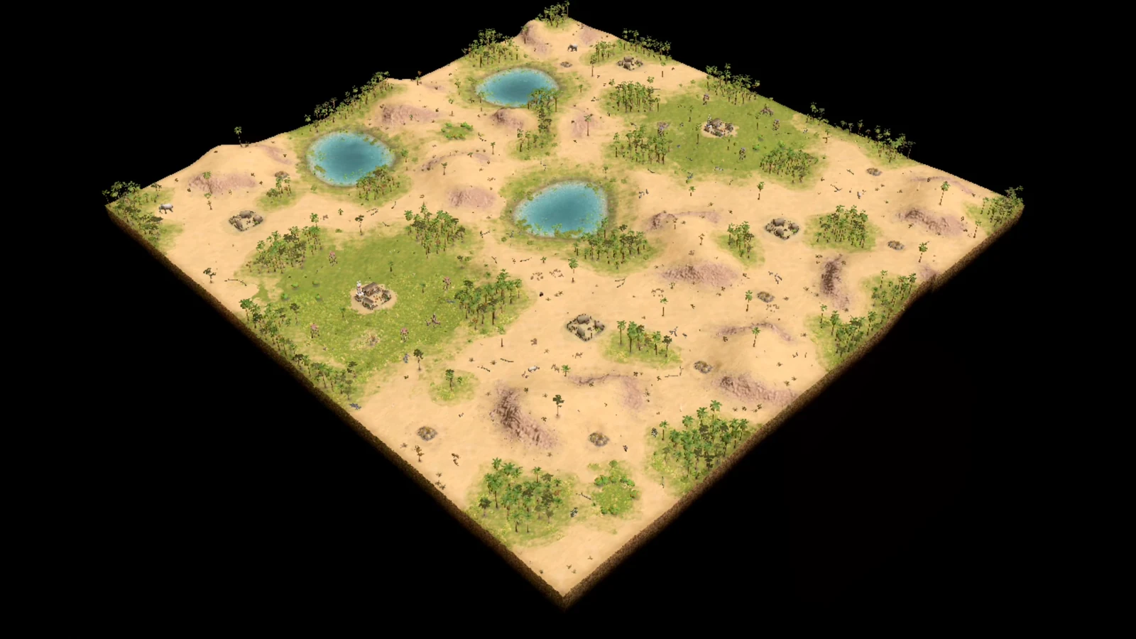 Overhead view of Blue Lagoon Recalibrated showing two opposing player starts in desert, irregular blue lagoons, raised cliffs, palm forests, settlements, and distributed resources.