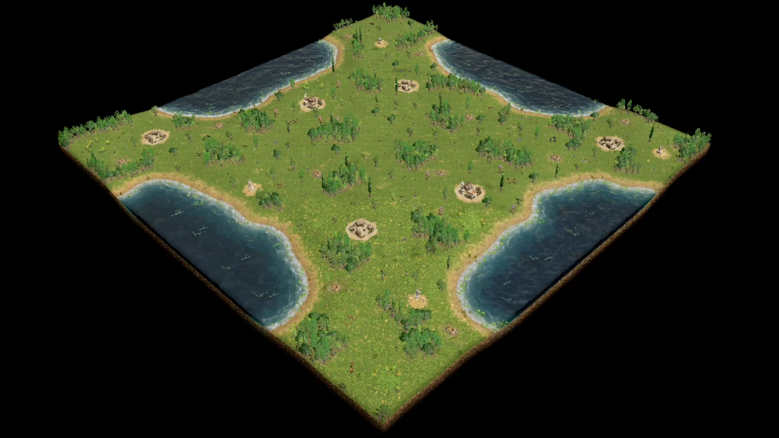 Overhead view of Budapest Recalibrated showing opposing Greek-temperate bases, four broad edge ponds, shore fish, forests, settlements, mines, and central land routes.