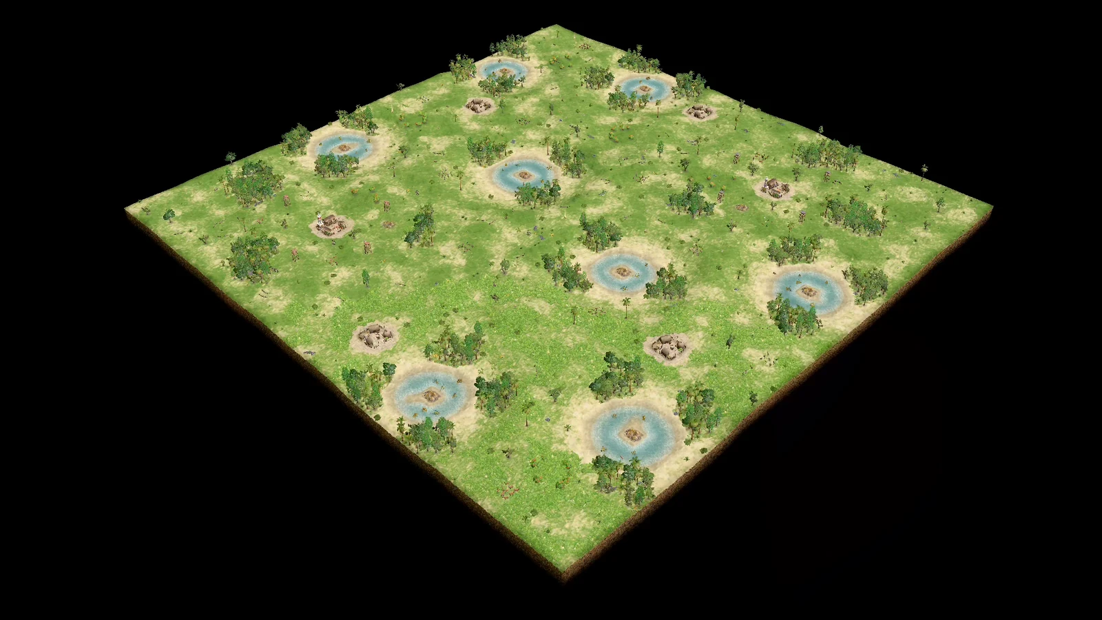 Overhead view of Elysium Recalibrated showing opposing lush player areas, shallow gold ponds, forest rings, settlements, and scattered resources.