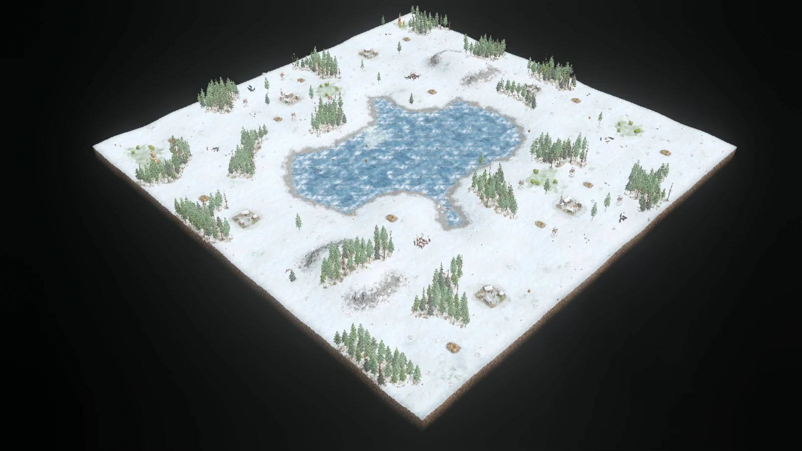 Overhead view of Ghost Lake Recalibrated showing opposing snowy player areas, a broad irregular frozen lake, shore forests, settlements, cliffs, and distributed resources.