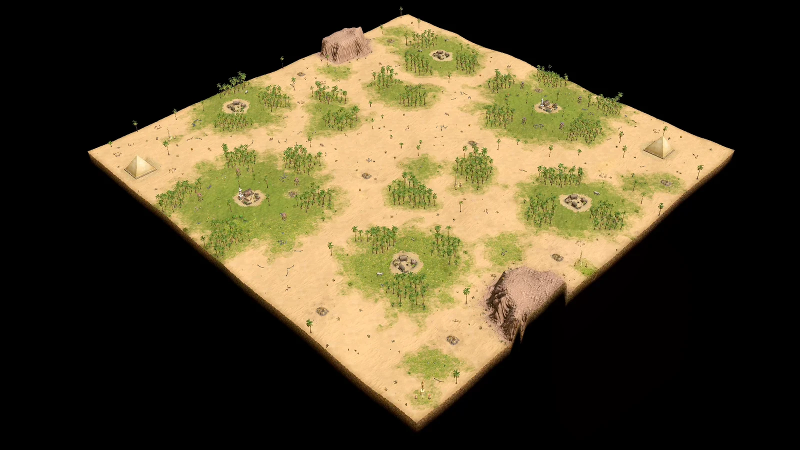 Overhead view of Giza Recalibrated showing two opposing home oases, smaller fertile resource pockets, palm forests, cliffs, pyramids, settlements, and open desert routes.