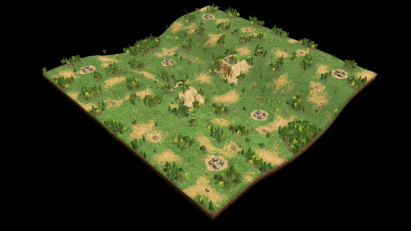 Overhead view of Gorge Recalibrated showing opposing bases, two highlands, a central ravine, cliff-edge forests, ramps, settlements, mines, and highland routes.