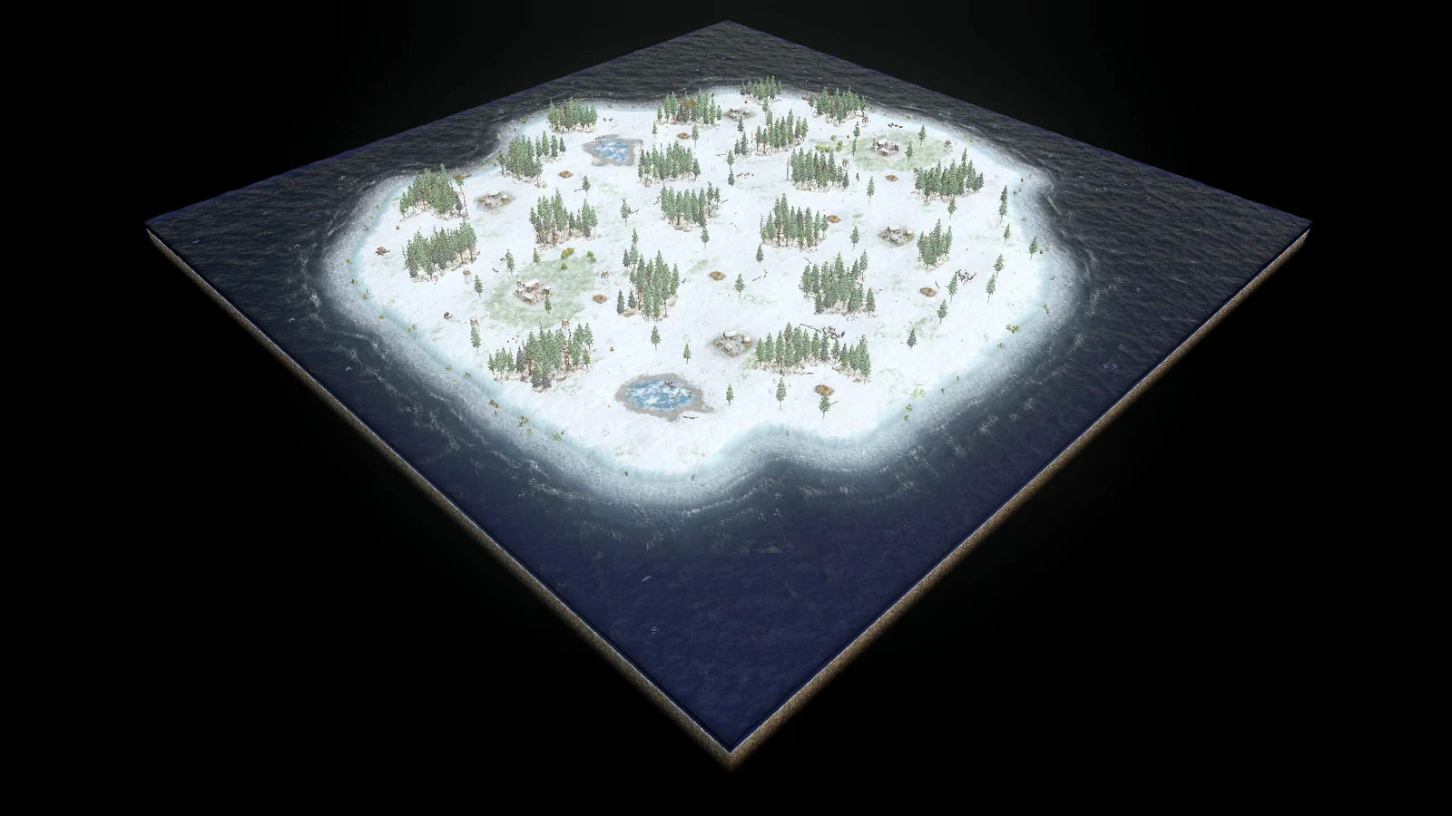Overhead view of Midgard Recalibrated showing opposing snowy bases on a central continent, outer sea, water cuts, shore resources, forests, settlements, and fishing water.