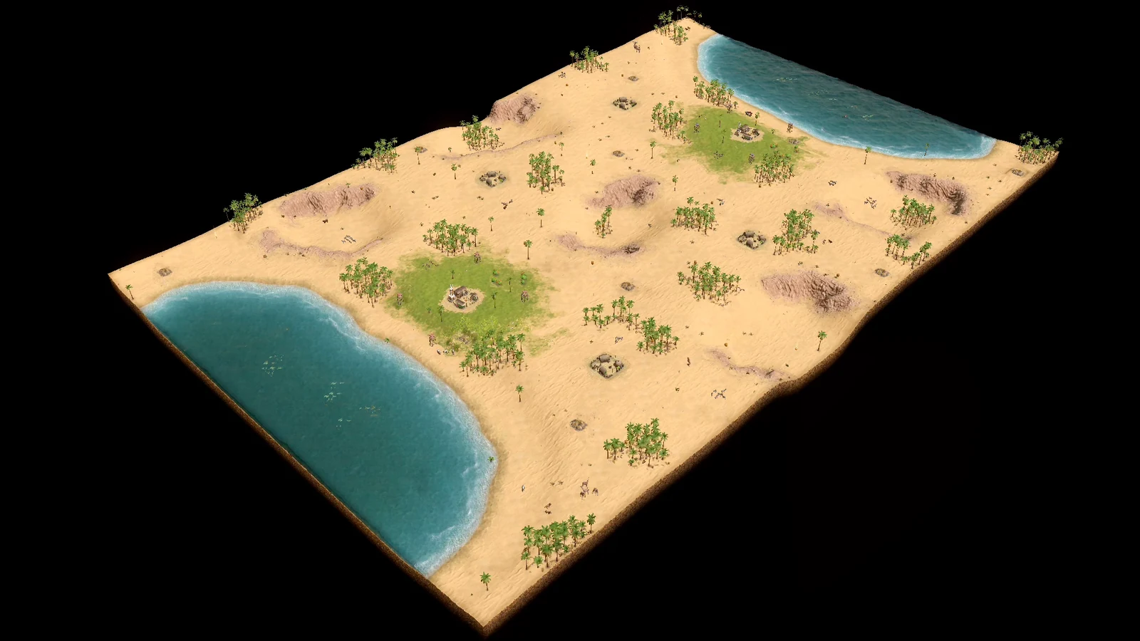 Overhead view of Mirage Recalibrated showing two opposing desert bases, one small ocean behind each base, five inland gorges, palms, settlements, mines, and fishing water.