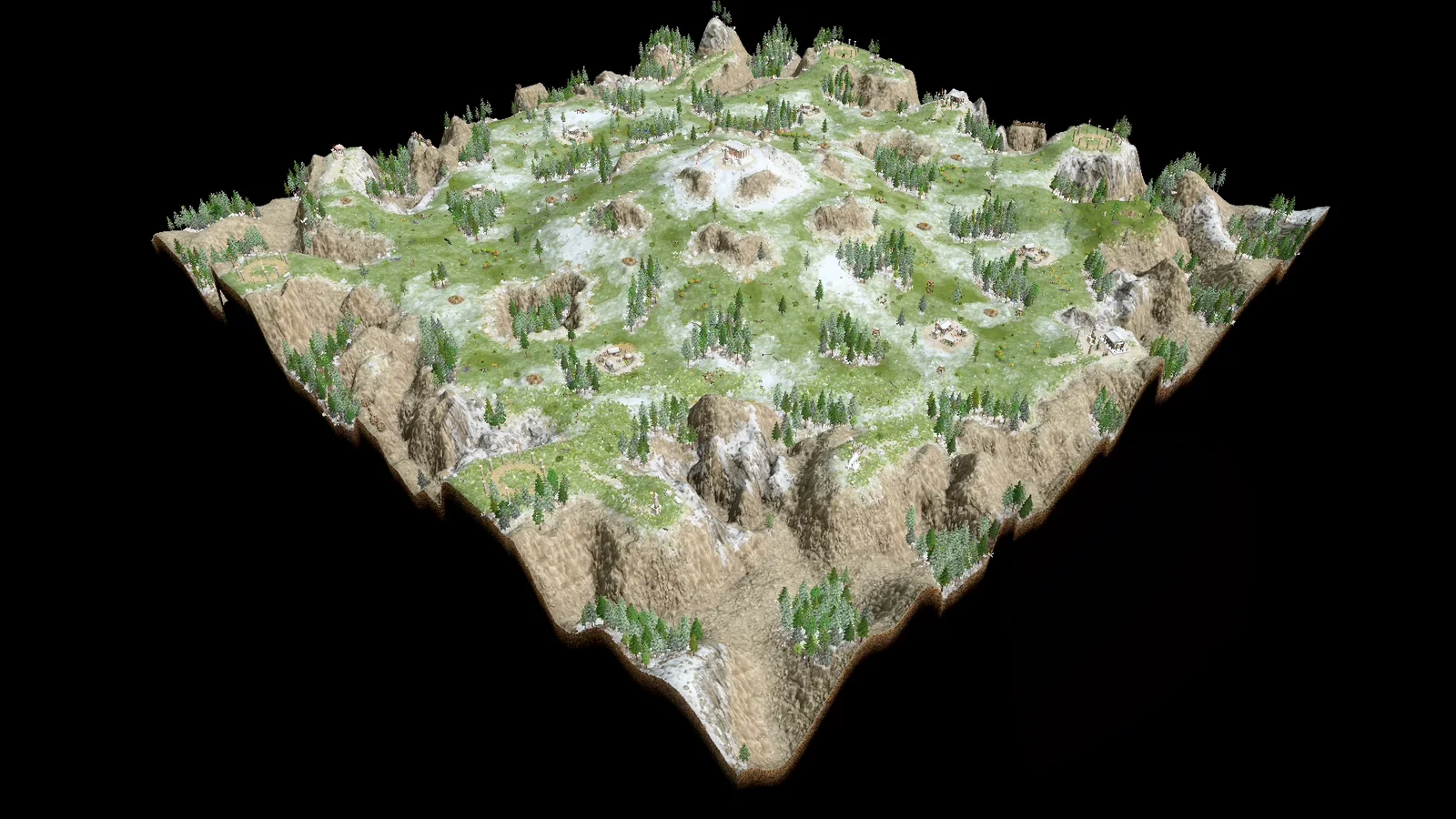 Overhead view of Mount Olympus Reimagined showing a two-tier central summit, ramp approaches, player areas, outer connected gold and relic spurs, cliffs, forests, and settlements.