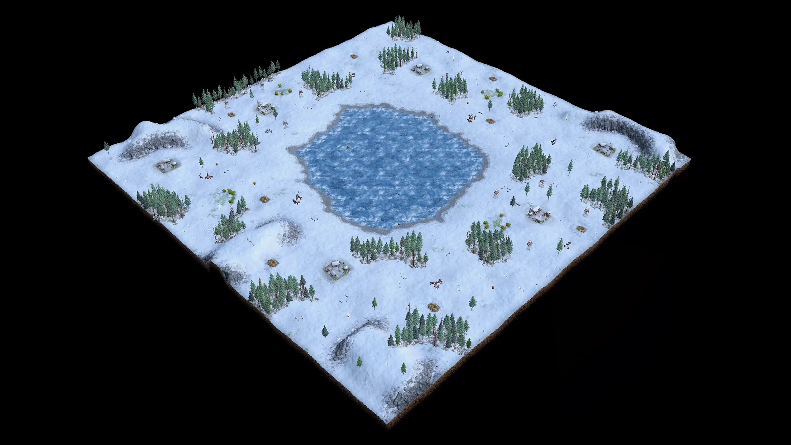 Analytical overhead view of Ghost Lake showing two player areas around a broad frozen central lake, snowy forests, peripheral cliffs, and open routes across the ice.