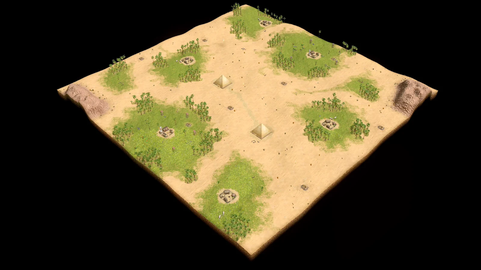 Analytical overhead view of stock Giza showing two opposing green player oases, smaller fertile settlement and hunt pockets, palm forests, two large cliffs, and two pyramids across open desert.