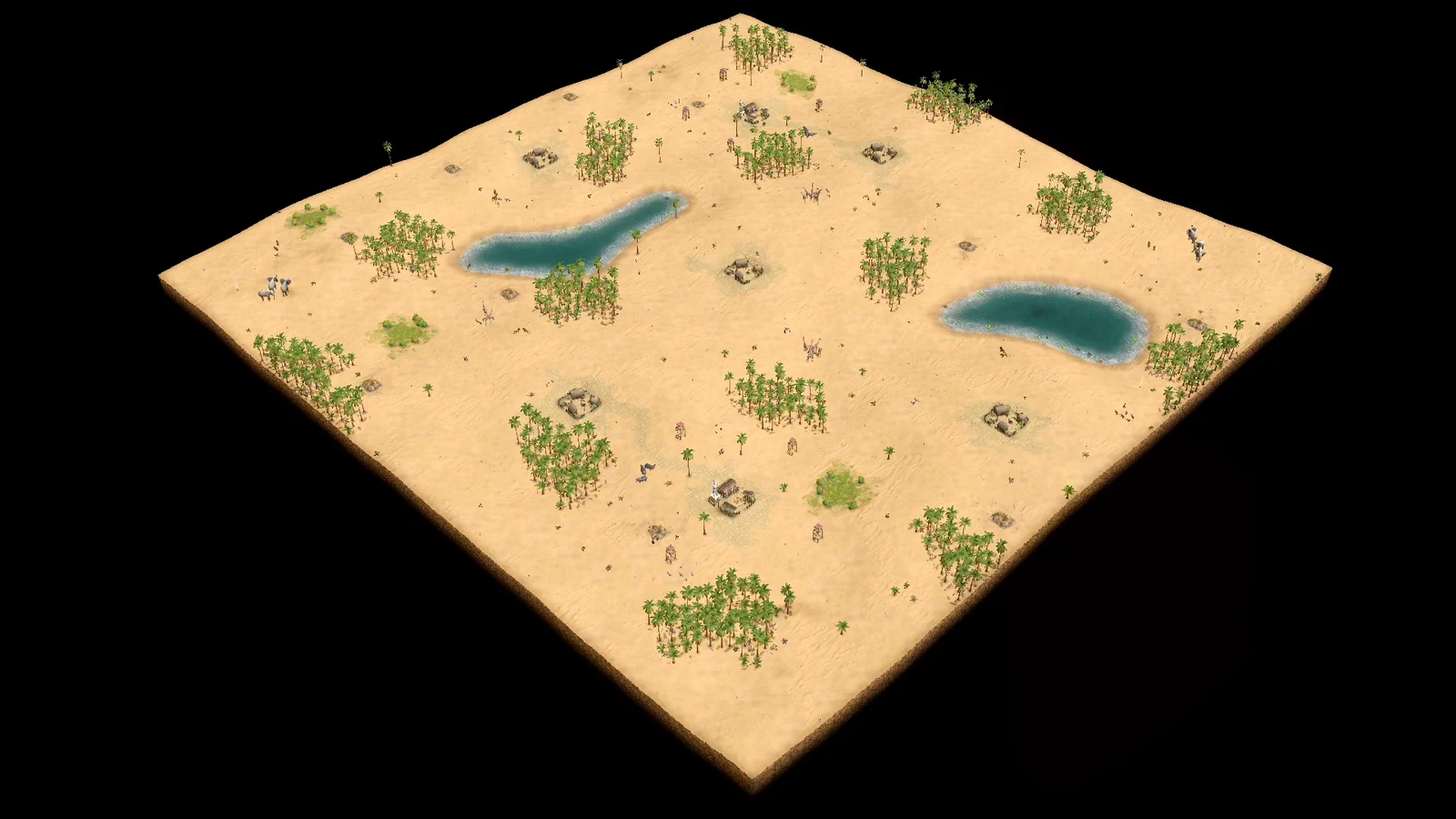 Analytical overhead view of stock Megalopolis showing opposing desert bases, road-marked close settlements, farther expansion sites, a central neutral settlement, palm forests, and several isolated ponds.