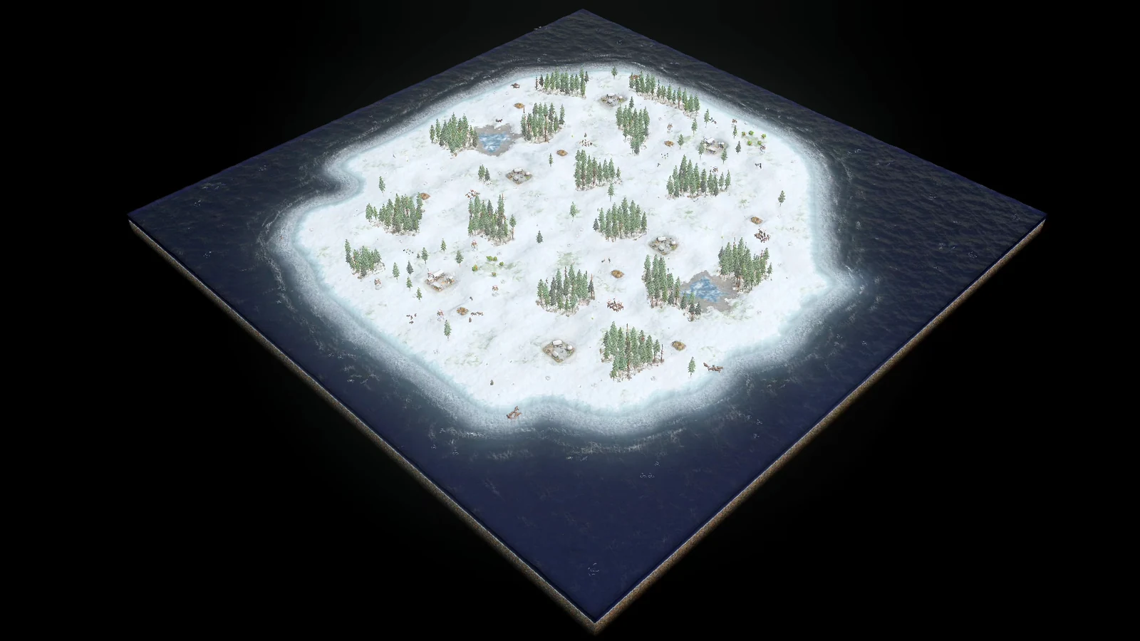 Analytical overhead view of stock Midgard showing two opposing bases on one irregular frozen continent, a continuous coastline, shore resources, and open sea surrounding the landmass.