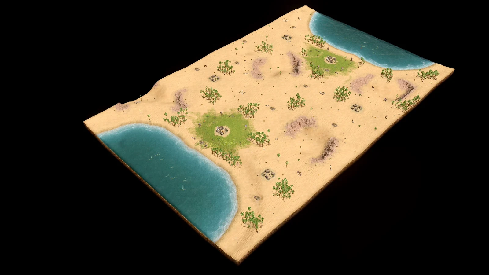 Analytical overhead view of stock Mirage showing a wide rectangular desert, opposing bases along the long axis, one curved ocean behind each player, central open land, palms, expansion settlements, gold, and sunken gorges.
