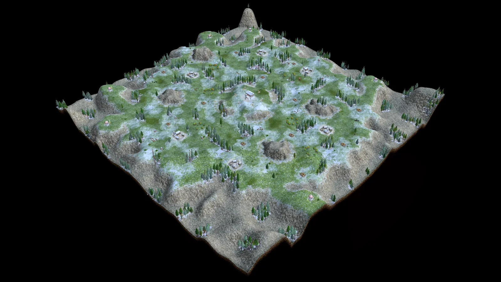 Analytical overhead view of stock Mount Olympus showing the snowy main continent, a raised central temple summit, scattered interior cliffs, forests and settlements, and six peripheral relic sites reached by raised approaches through the outer cliffs.