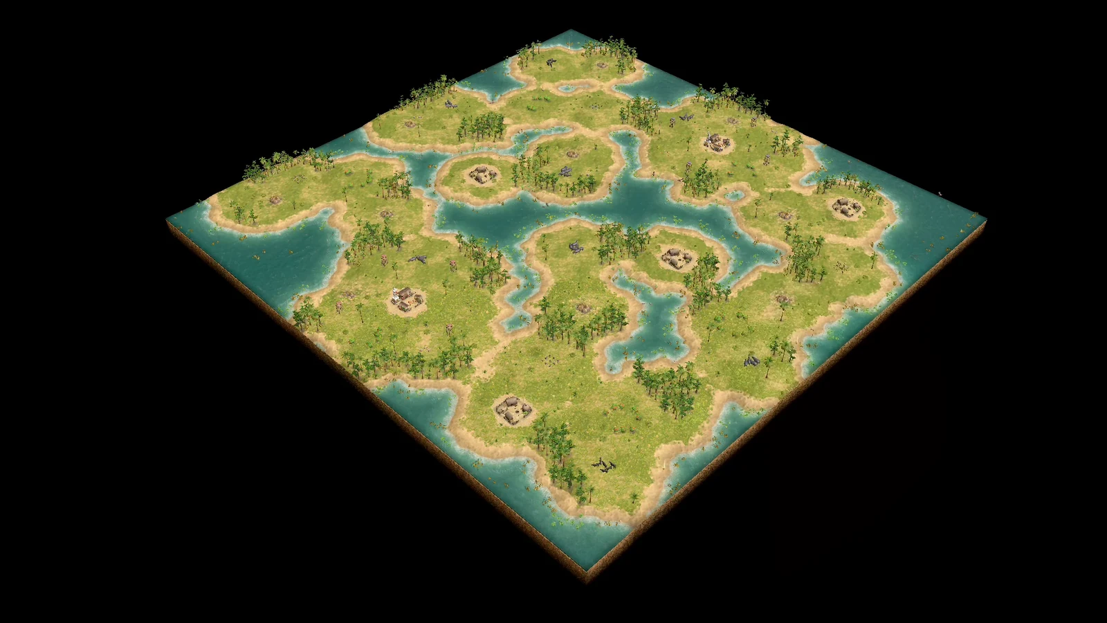 Analytical overhead view of stock Nile Shallows showing opposing raised player areas, many smaller raised economy patches, expansion settlements, palm forests, and continuous pale-blue shallows between them.