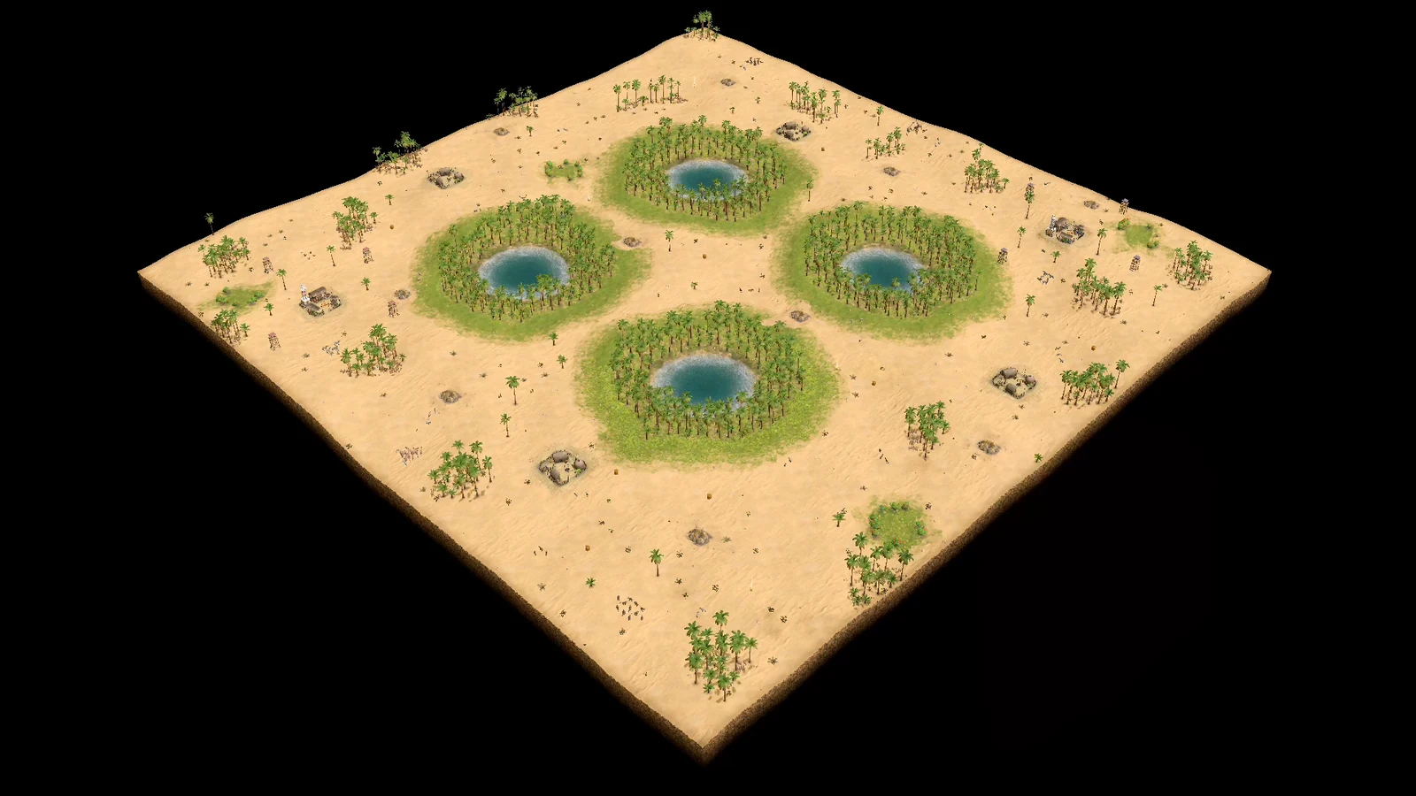 Analytical overhead view of Oasis showing four separated palm forests, each surrounding a pond, with open land corridors crossing between them and player bases on opposite outer sides.