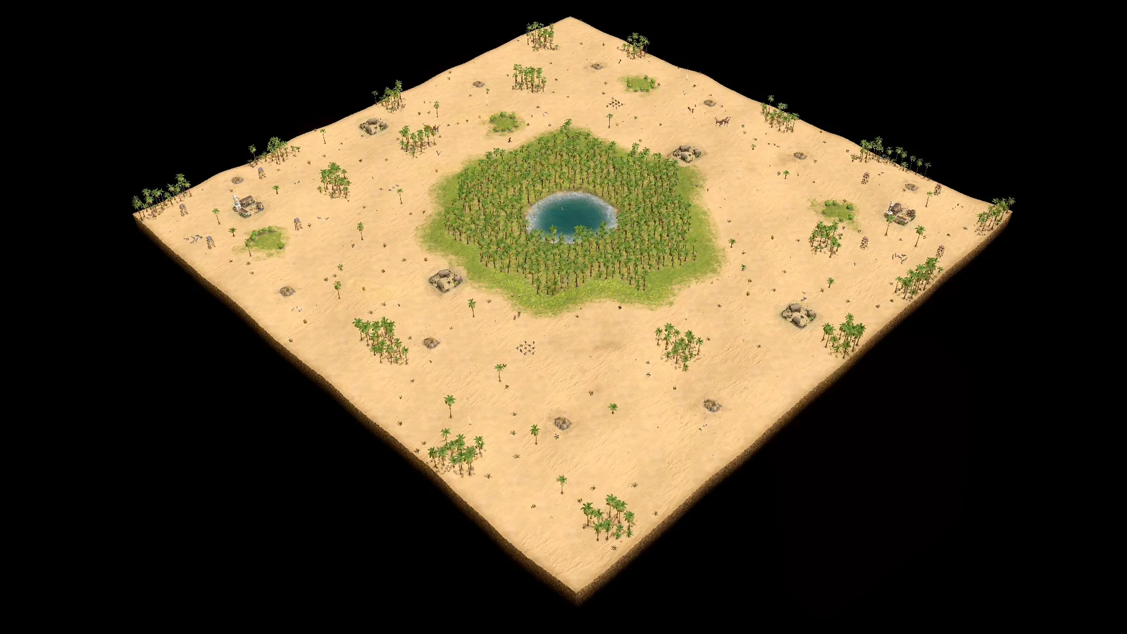 Analytical overhead view of Oasis showing one broad central palm forest wrapped around a single pond, with two player bases on opposite outer sides.