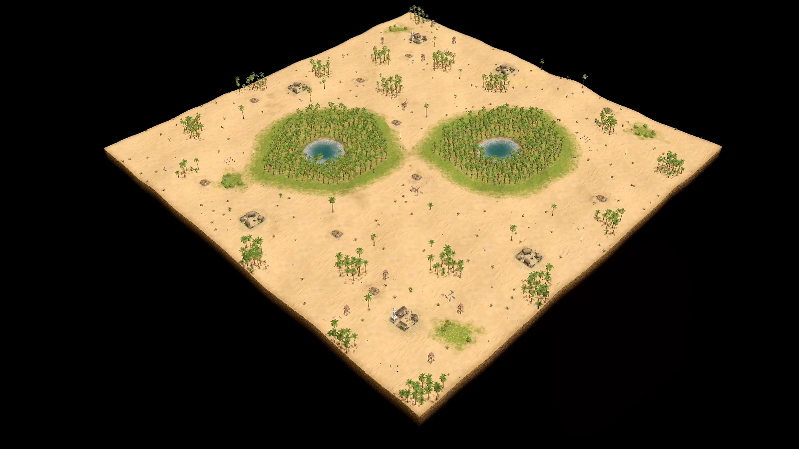 Analytical overhead view of Oasis showing two separated central palm forests, each surrounding a pond, with an open land corridor between them and player bases on opposite outer sides.