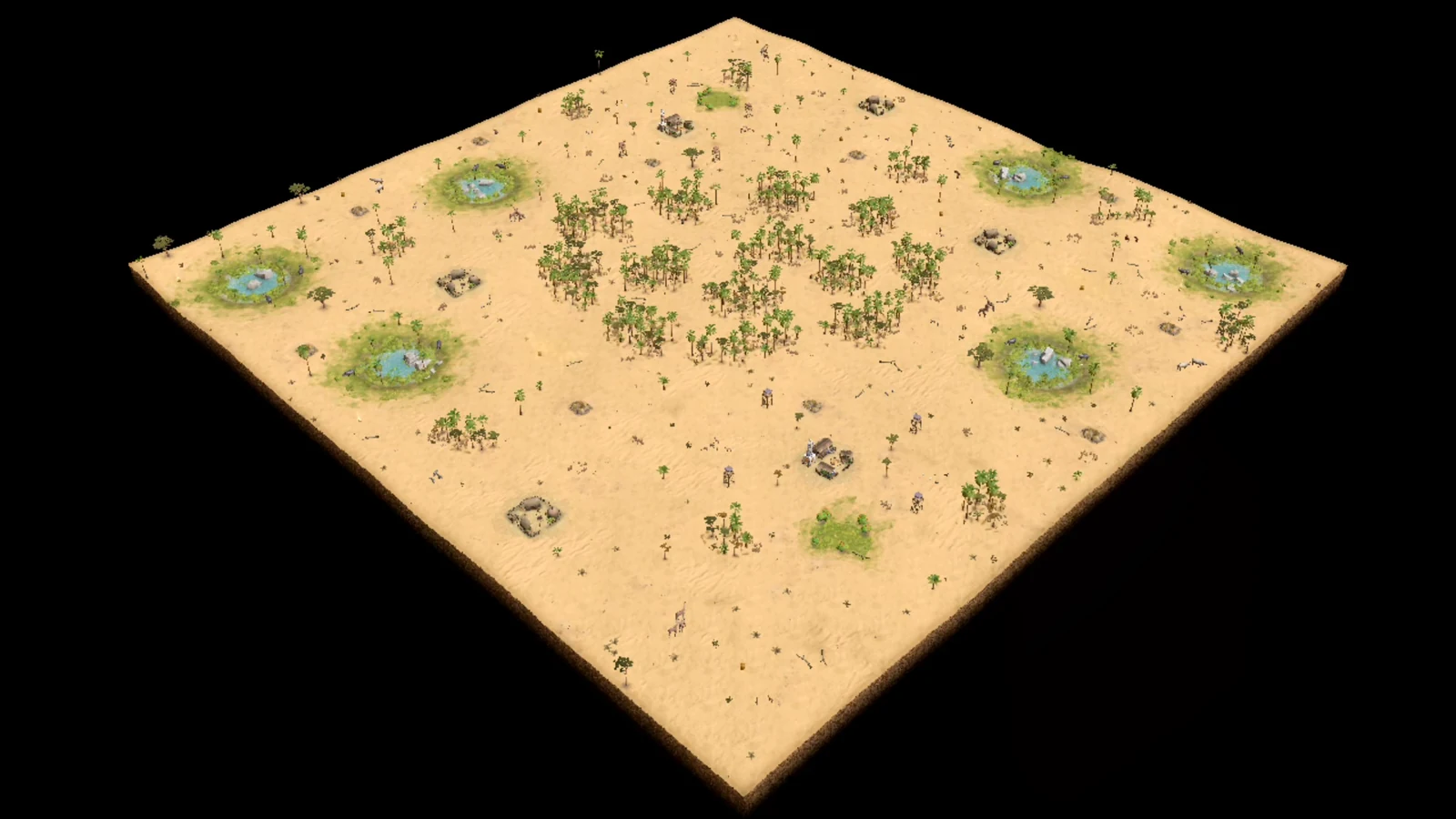 Analytical overhead of PB2 Atacama showing open desert, three ponds on each player side, central woodland, bases, and outer objectives.
