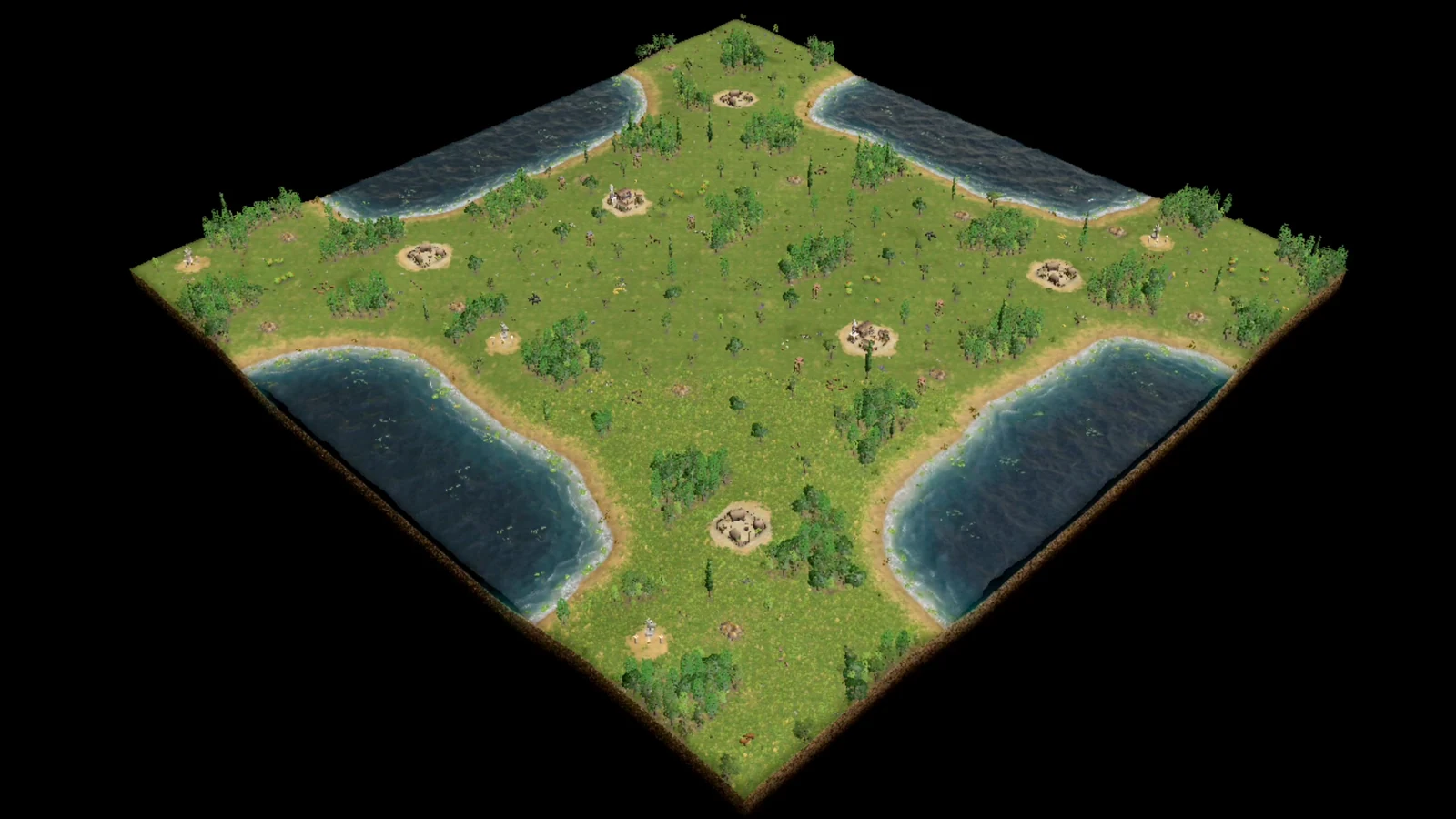 Analytical overhead of PB2 Budapest showing four broad edge lakes, a Greek-temperate central land contest, player bases, forests, Gold, and settlements.