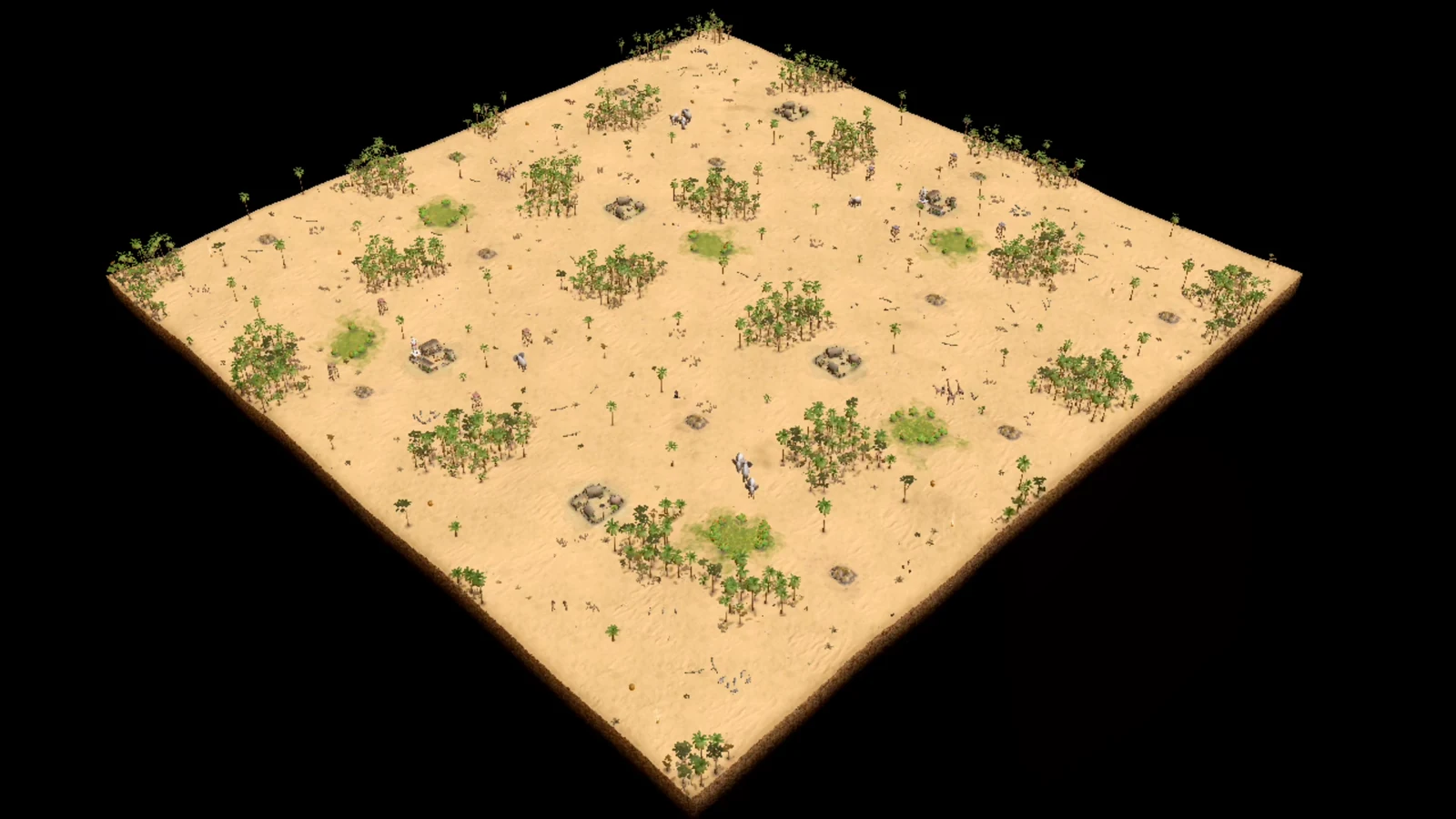 Analytical overhead of PB2 Dry Arabia showing open Libyan desert, player-side forests, bases, Gold, and outer hunt objectives.