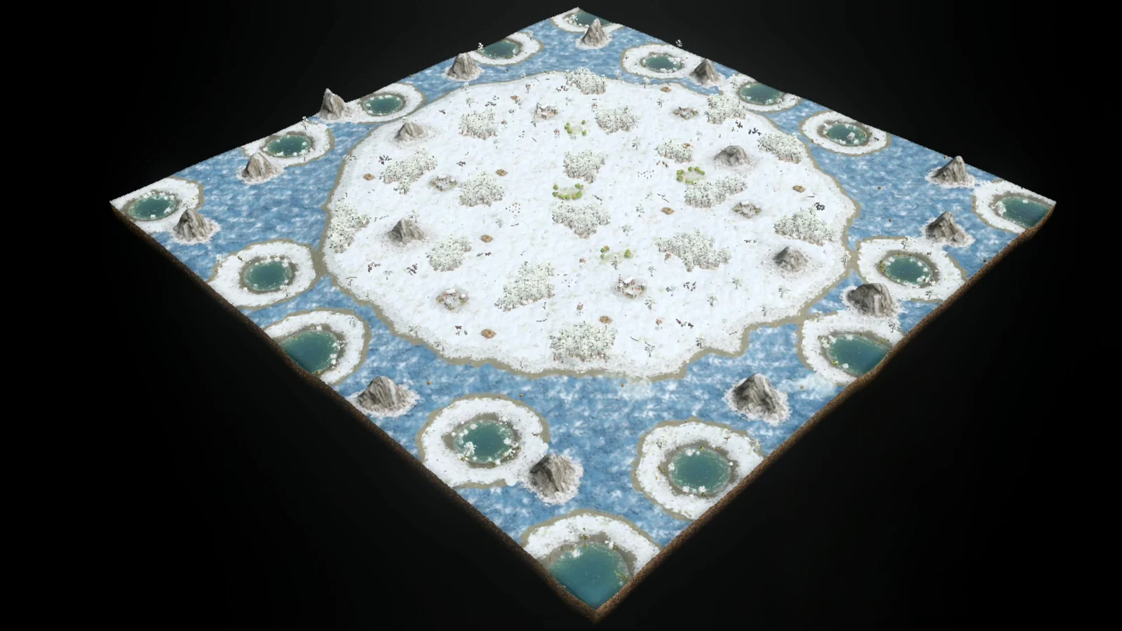 Analytical overhead of PB2 Frozen Continent showing a snowy central continent, icy water, perimeter salmon ponds, forests, cliffs, player bases, and outer objectives.