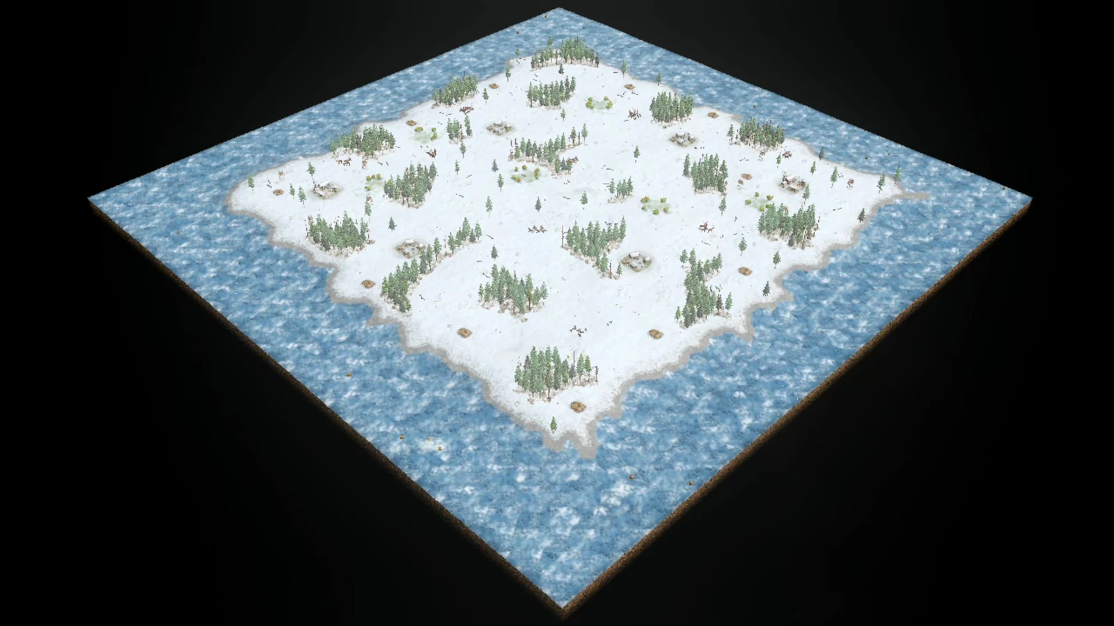 Analytical overhead of PB2 Frozen Wastes showing a snowy continent surrounded by frozen sea, player bases, forests, Gold, and outer land objectives.