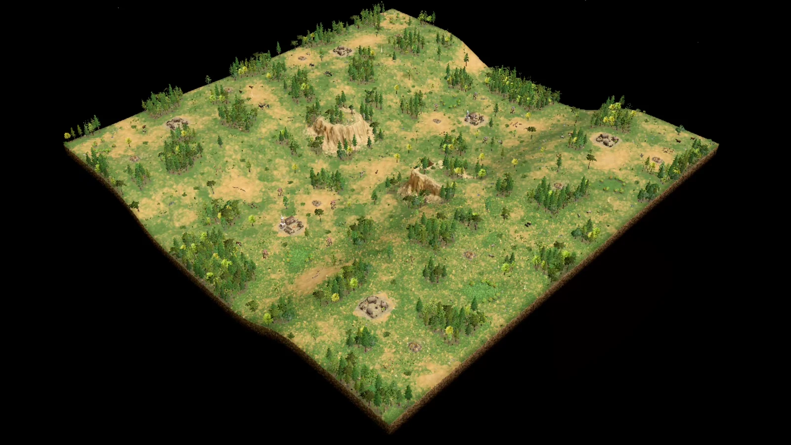 Analytical overhead of PB2 Gorge showing forested highland terrain, bases, Gold, and routes around raised ground.
