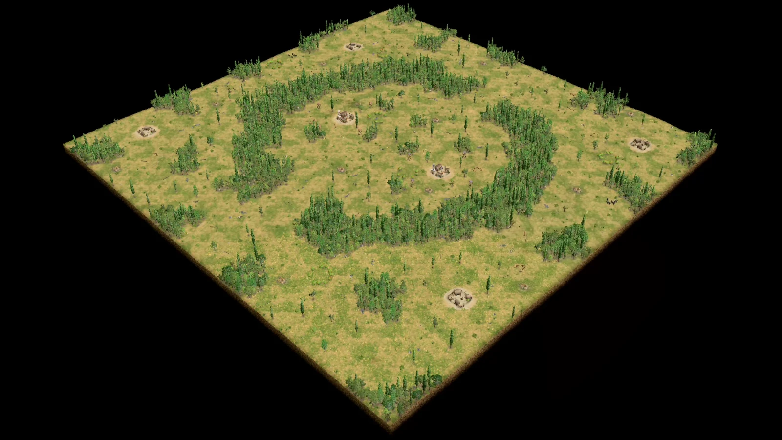 Analytical overhead of PB2 Haywire showing its wooded ring, open centre, player bases, inner Gold, and outer settlements.