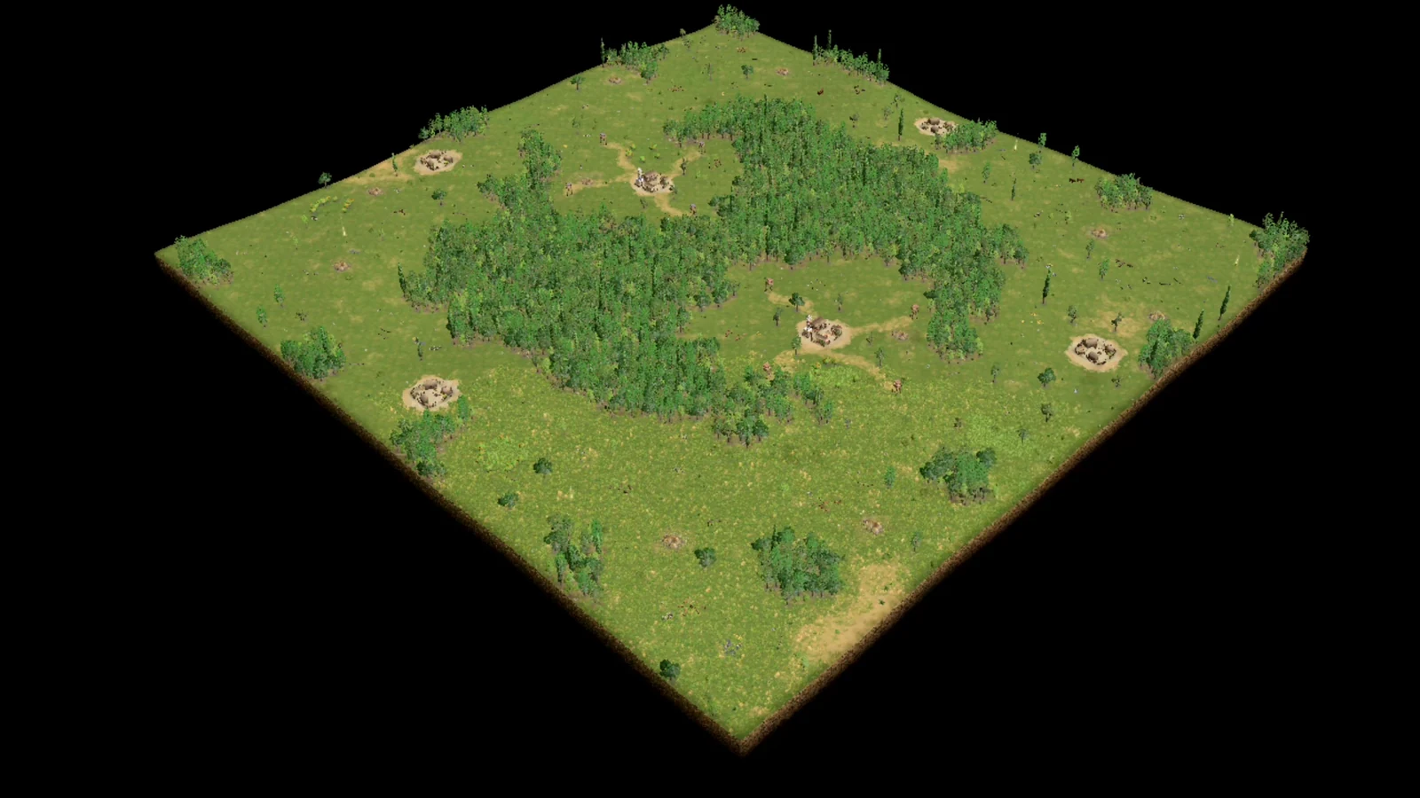 Analytical overhead of PB2 Hideout showing sheltered player areas, central woodland, outer Gold, hunt, and settlements.