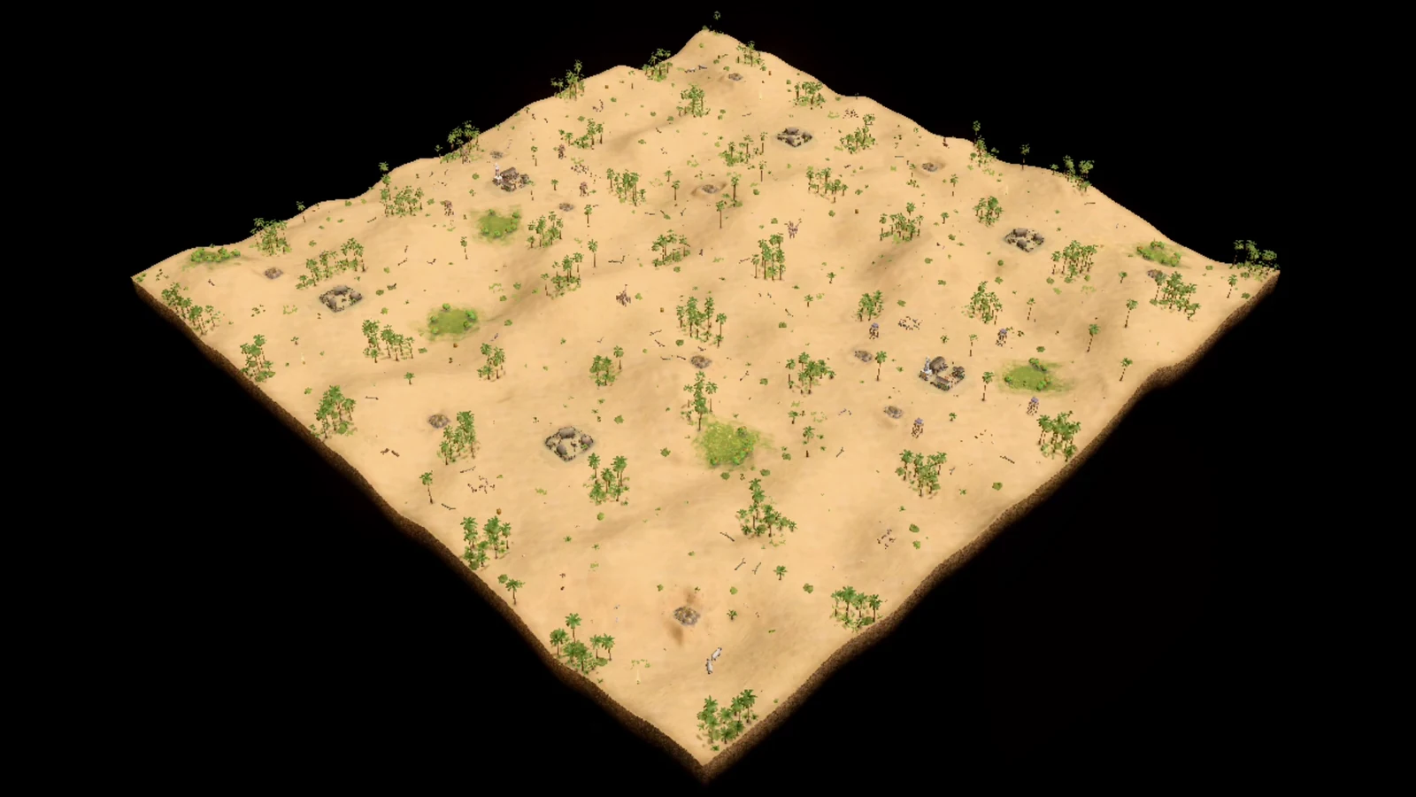 Analytical overhead of PB2 Prairie showing exposed desert, scattered palm forests, player bases, Gold, hunt, and outer settlements.