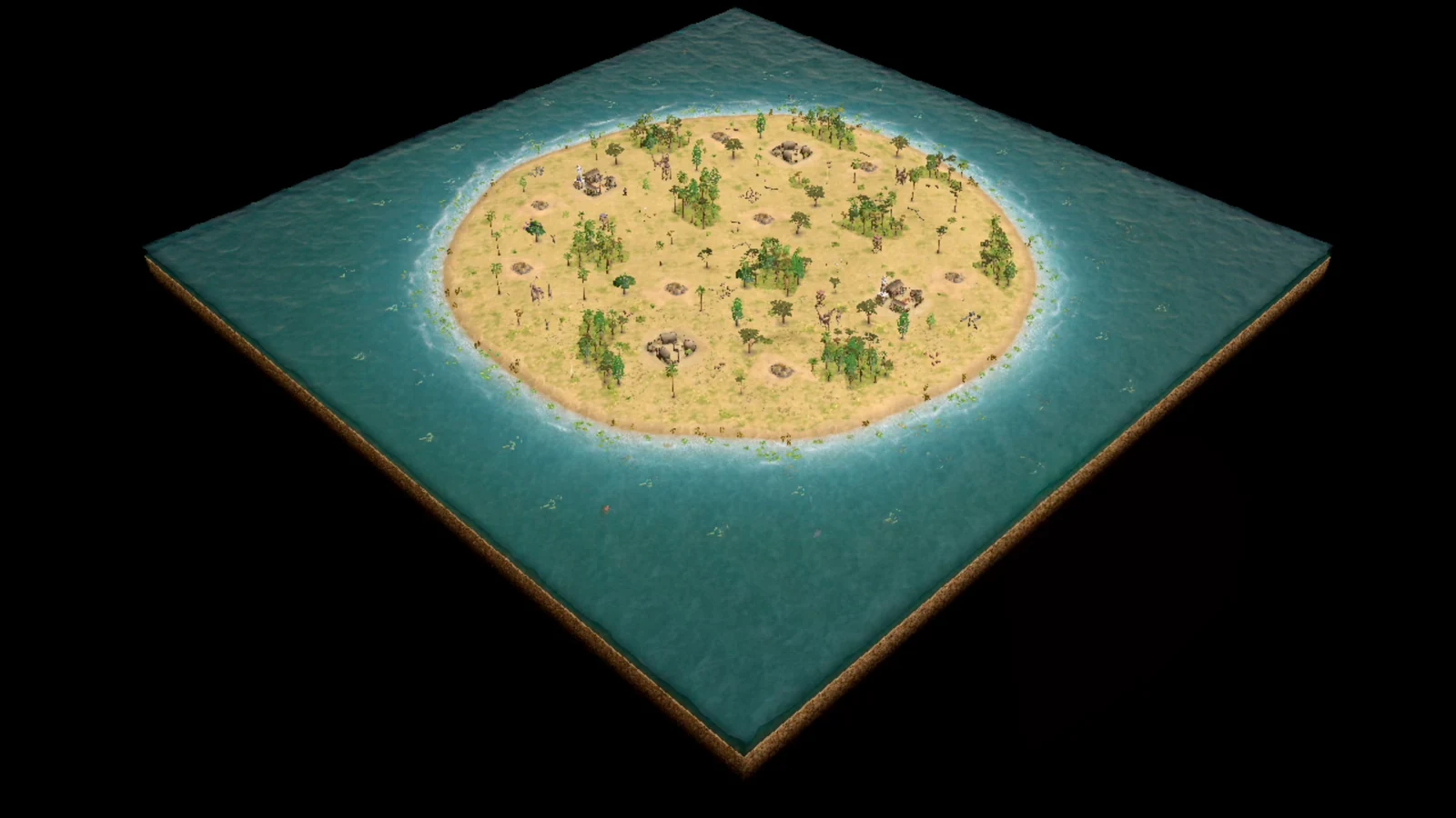 Analytical overhead of PB2 Socotra showing a compact lush-savannah island surrounded by sea, close player bases, Gold, forests, hunt, and shoreline fishing.