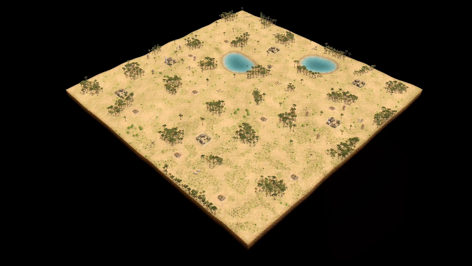 Analytical overhead view of stock Savannah showing two opposing bases on open grassland, two inland ponds, many distributed savannah forests, and food and gold spread across exposed lanes.