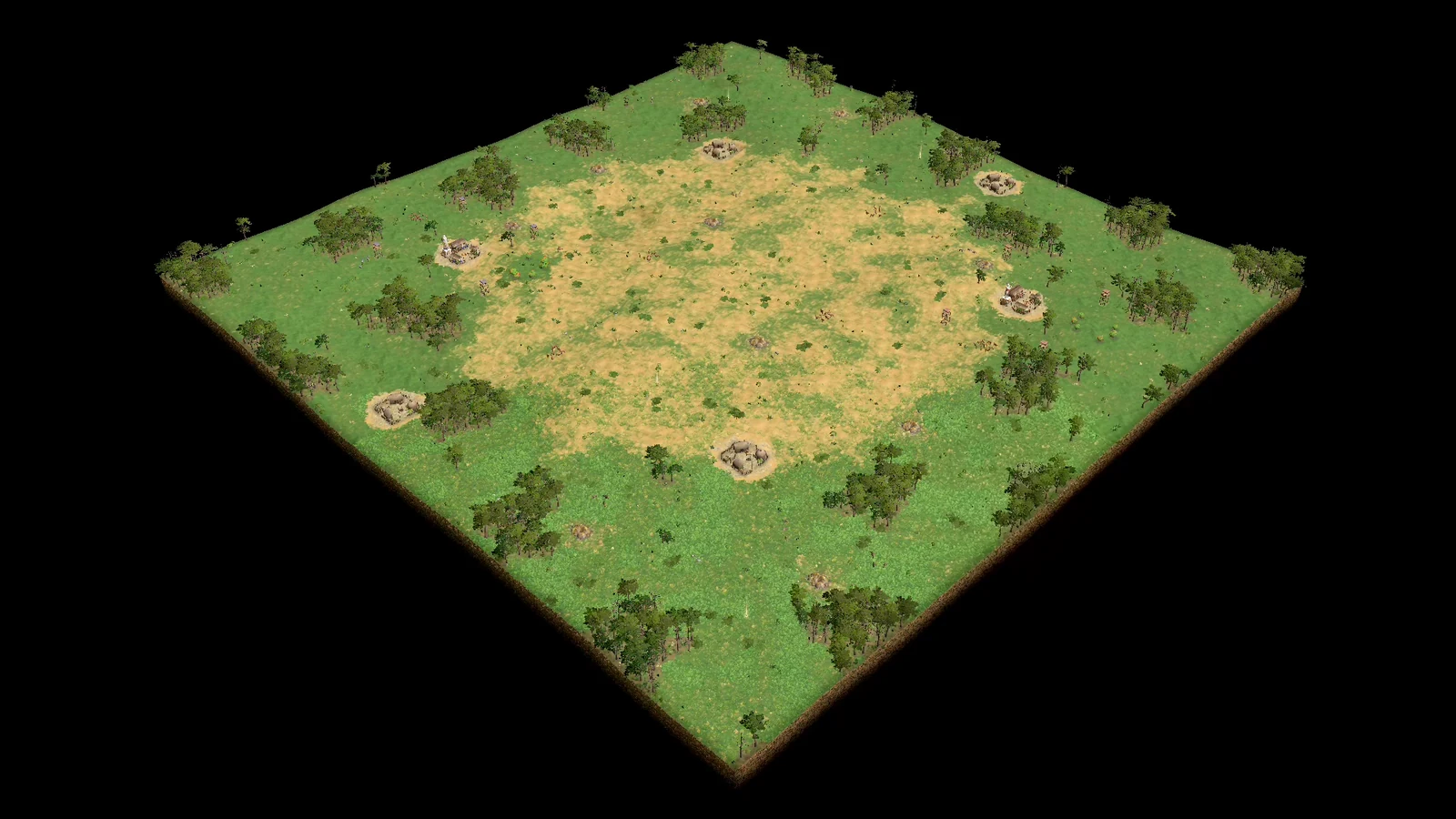 Analytical overhead view of stock Steppe showing two opposing bases, a broad open center crossed by pale roads, denser perimeter grassland, rocky gold patches, and scattered forests.