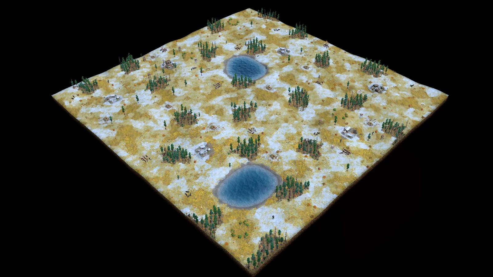 Analytical overhead view of stock Tundra showing two opposing bases on sparse snowy grassland, two inland ponds, scattered forests, and resources spread through open lanes.