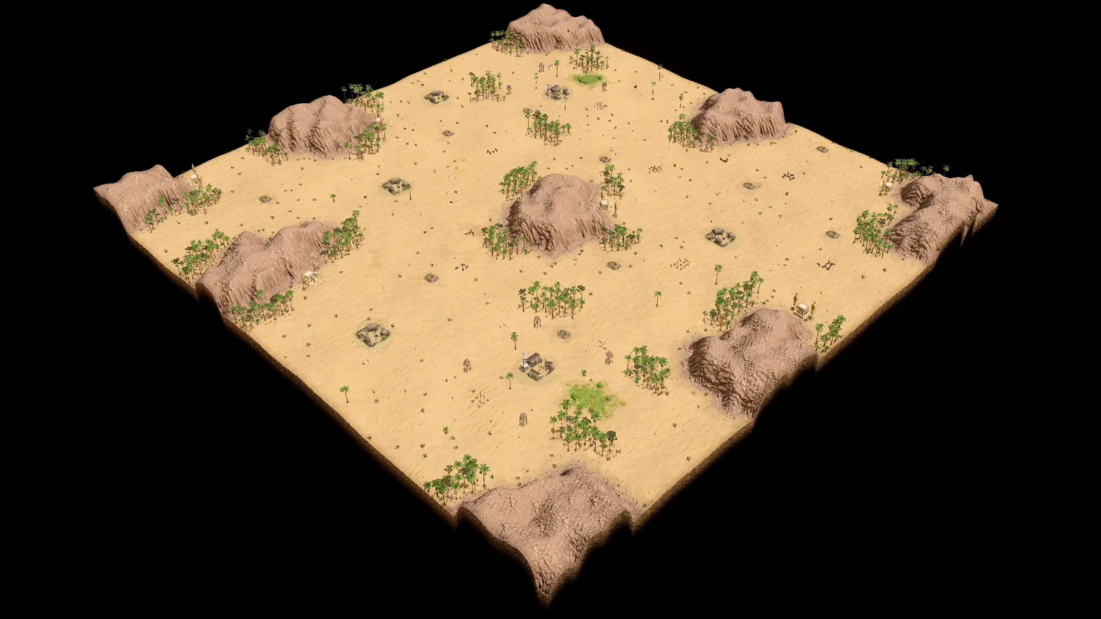 Analytical overhead view of stock Valley of Kings showing two opposing desert bases, large impassable cliff outcroppings near the perimeter and interior, palm forests beside cliffs, and small shrine-and-relic landmarks around the open lanes.