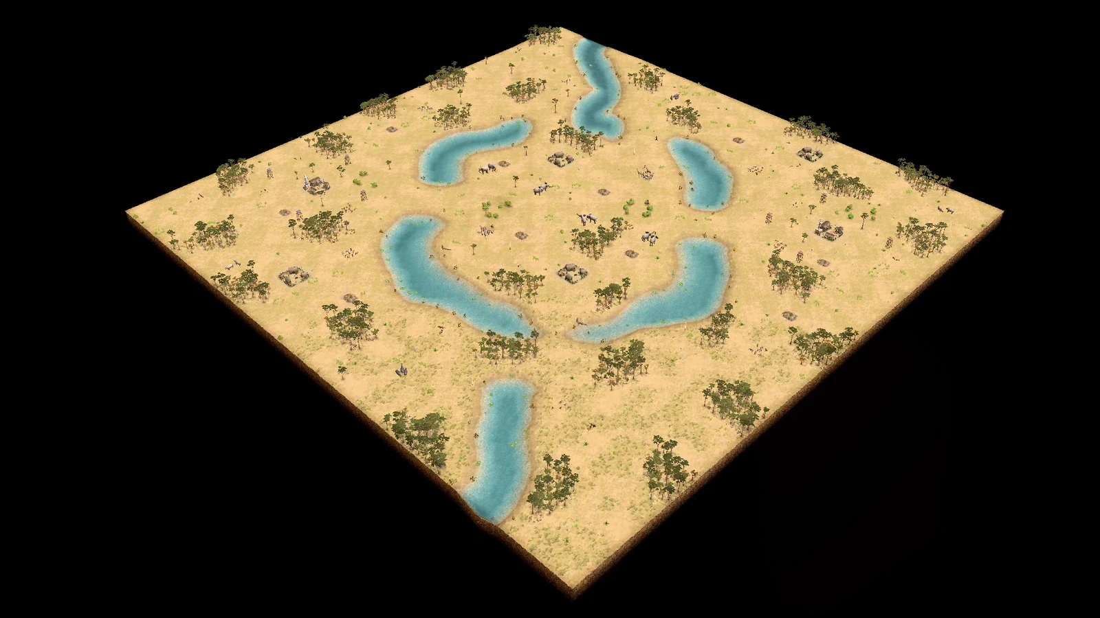 Analytical overhead view of stock Watering Hole showing opposing savannah bases, curved water corridors, broad connected player land, central hunt and Gold, palm forests, and four expansion settlements.