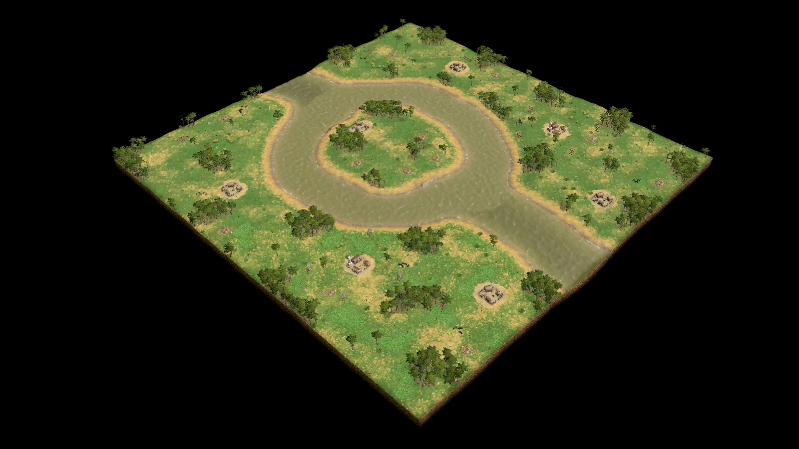 Analytical overhead view of stock Yellow River showing opposing bases, a single connected river with an island-like central fork, shorelines, road-marked crossings, and scattered forest patches.